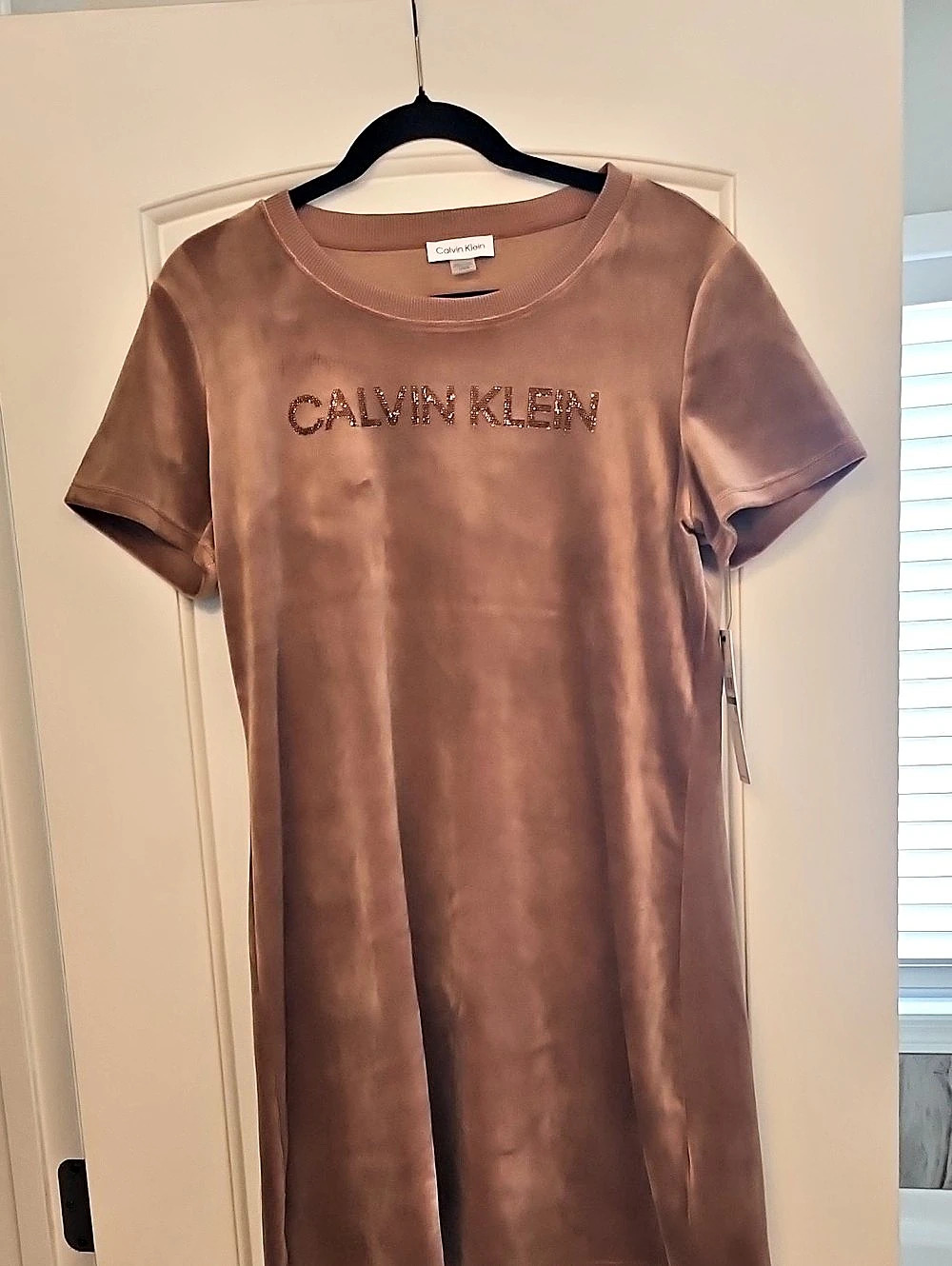 Calvin Klein Velour Logo T-Shirt Dress Mini Dress in Brown Size